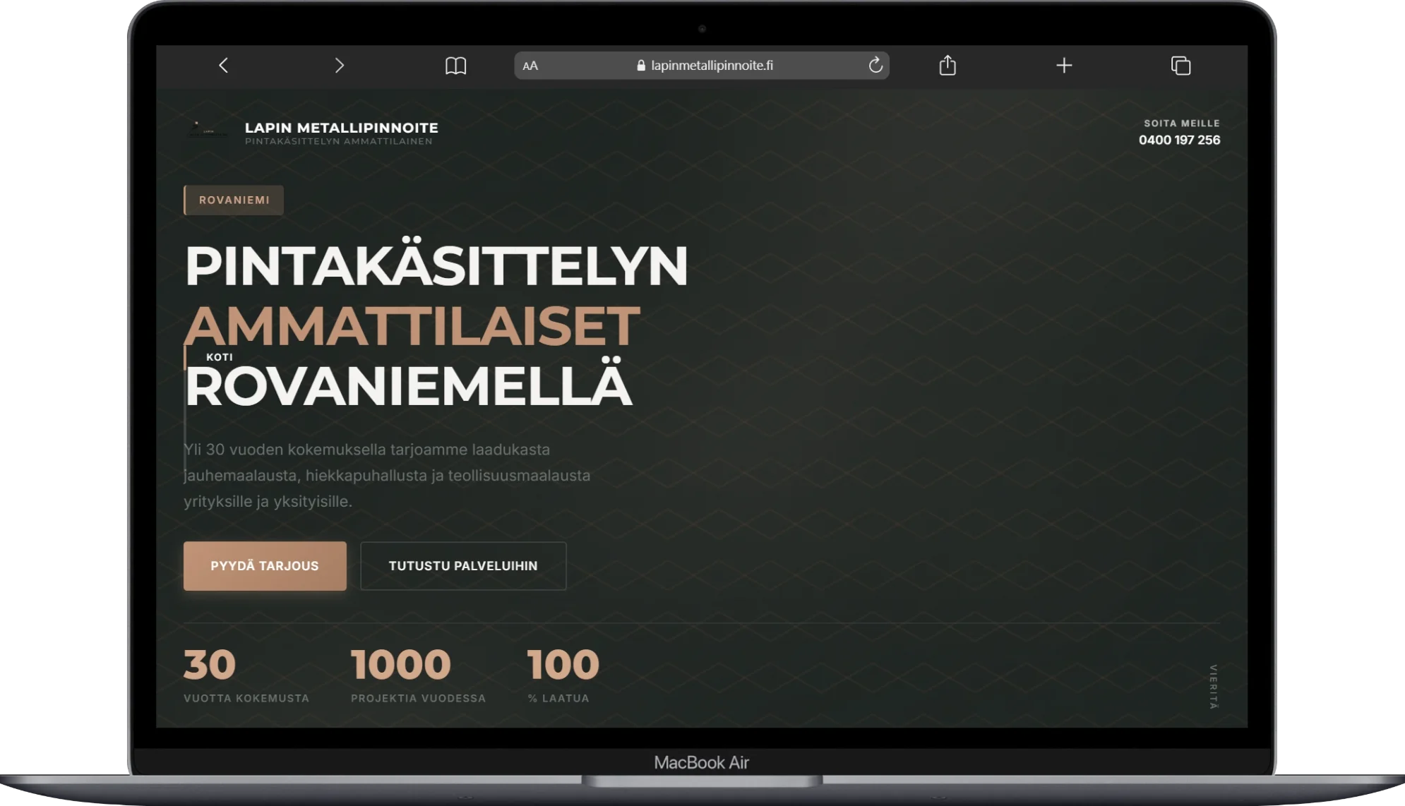 Lapinmetallipinnoite.fi verkkosivut tietokoneella