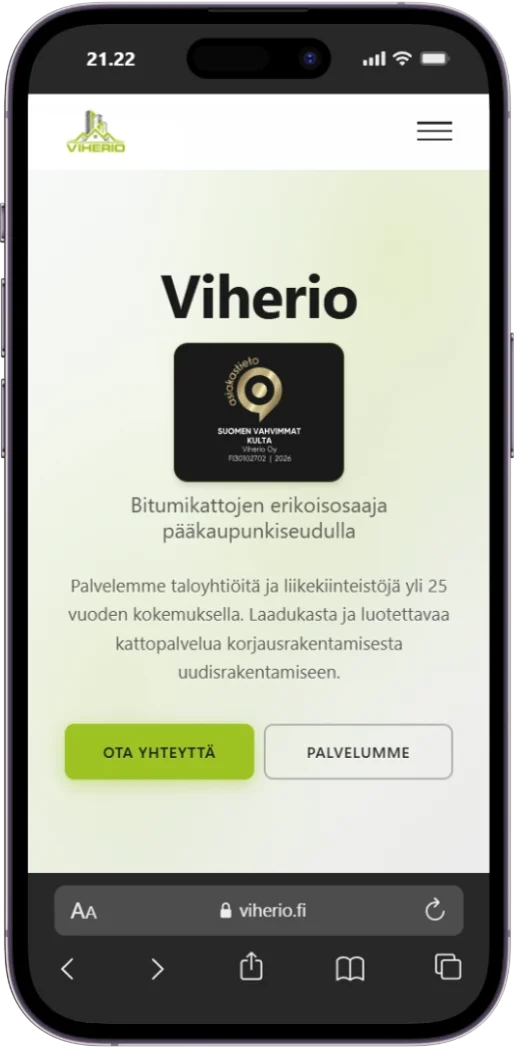 Viherio.fi mobiilinäkymässä