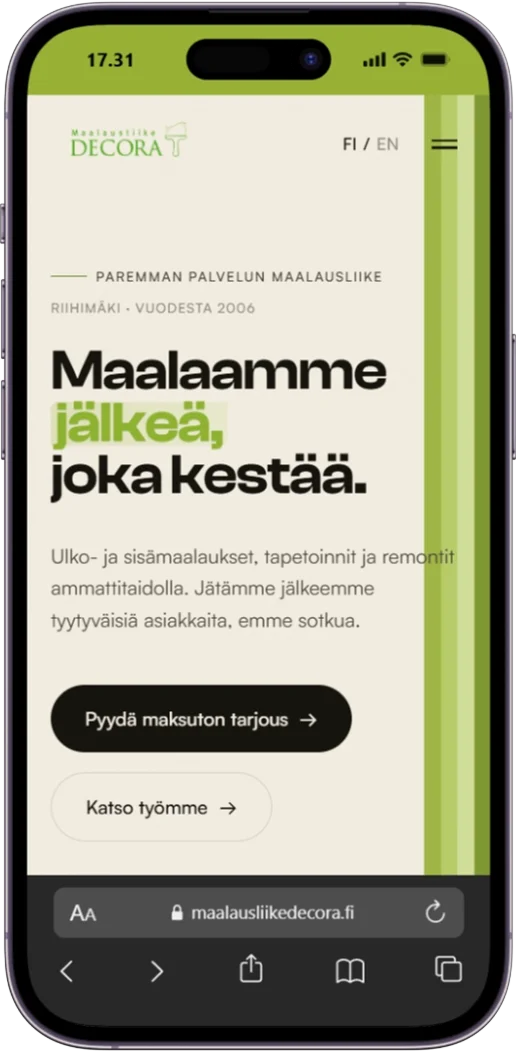 Maalausliike Decora mobiilinäkymässä